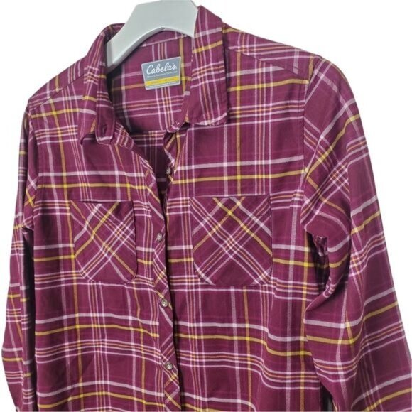 CABELA'S Womens Button Up SZ S Plaid Flannel‎ Burgundy Warm Soft Pockets Collar - Picture 5 of 10
